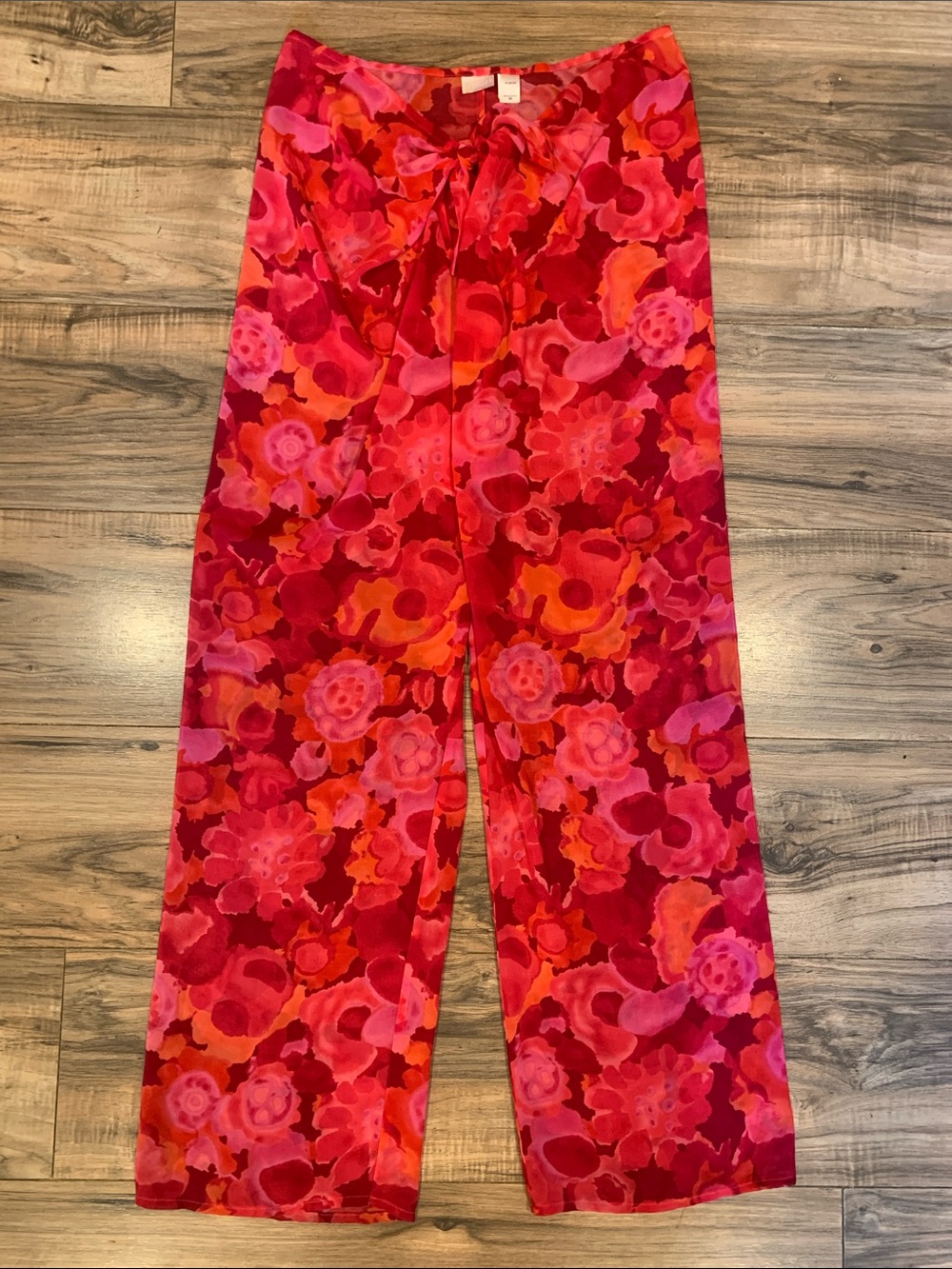 Women's Victoria's Secret Bright Floral Wide Leg Red Pink Tie Waist Sheer Pants